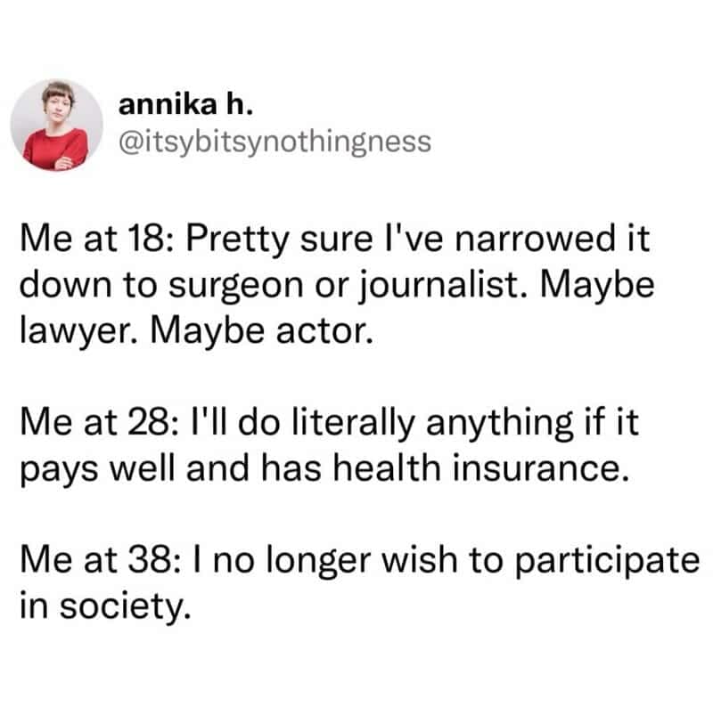 Text tweet tracking career expectations lowering with age from ambitious teenage dreams to total societal retirement in a funny work meme.