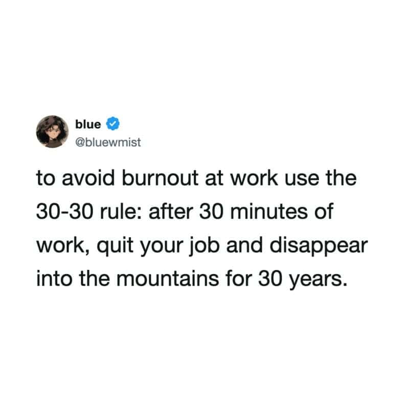 Text tweet redefining workplace productivity with a humorous 30-30 rule of quitting and vanishing into the mountains in a funny work meme.