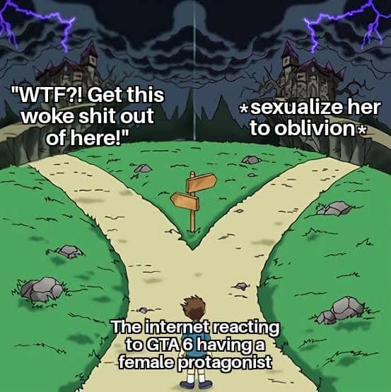 Two Paths cartoon meme illustrating the internet's divided and extreme reactions to GTA 6 featuring a female protagonist.