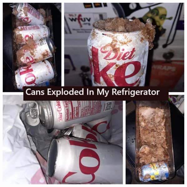 Frozen Diet Coke cans completely exploded inside a refrigerator making a huge bad day mess.
