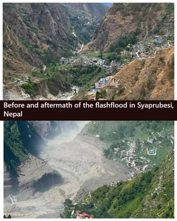 Before and after landscape photos of a massive landslide in Nepal representing a bad day.