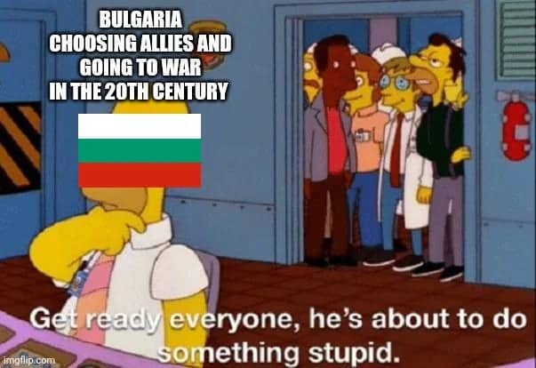Simpsons meme showing Bulgaria about to pick its twentieth century wartime allies very badly