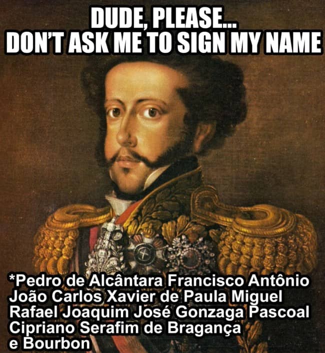 Painted portrait of a Brazilian emperor beside his absurdly long list of given royal names