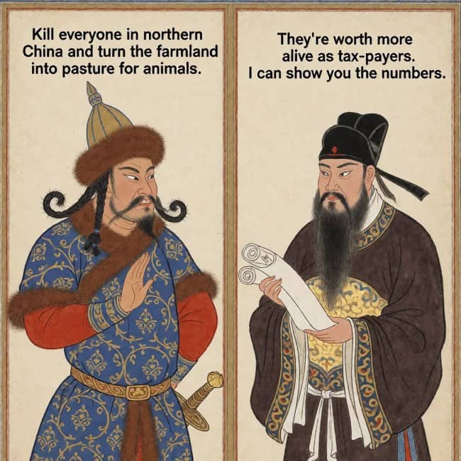 Illustrated meme where a Mongol khan is talked out of emptying northern China by taxes