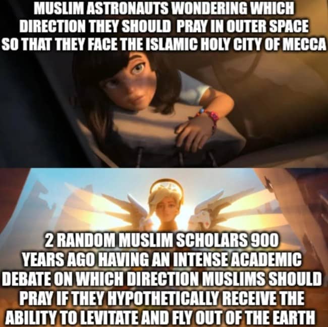 Meme contrasting Muslim astronauts finding the prayer direction with scholars debating it nine centuries earlier