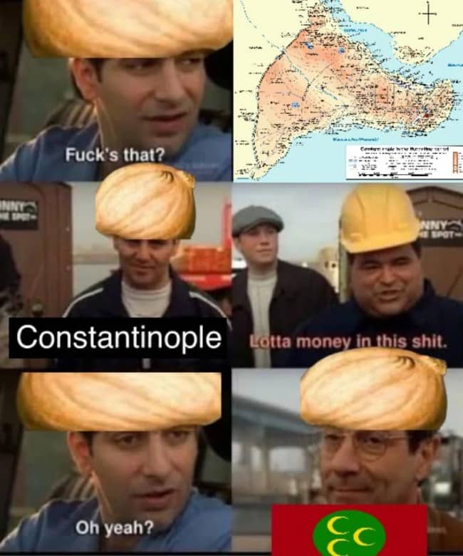 Multi panel meme where Ottoman figures eye Constantinople on a map like a property investment