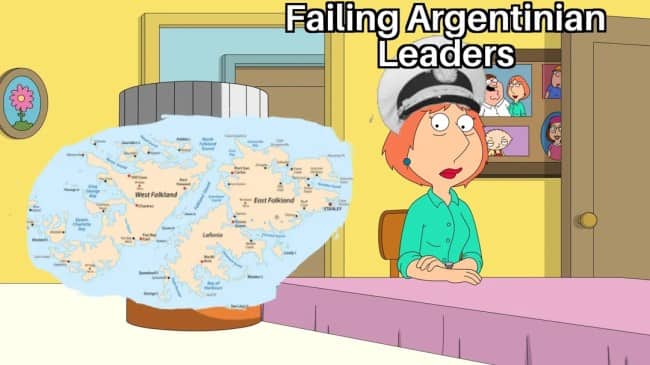 Family Guy meme where the Falkland Islands appear as a lamp beside failing Argentinian leaders