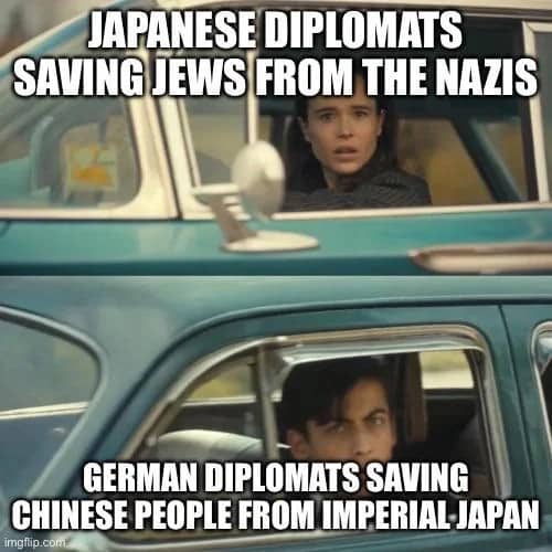 Two panel meme comparing Japanese diplomats rescuing Jews with German diplomats rescuing Chinese civilians