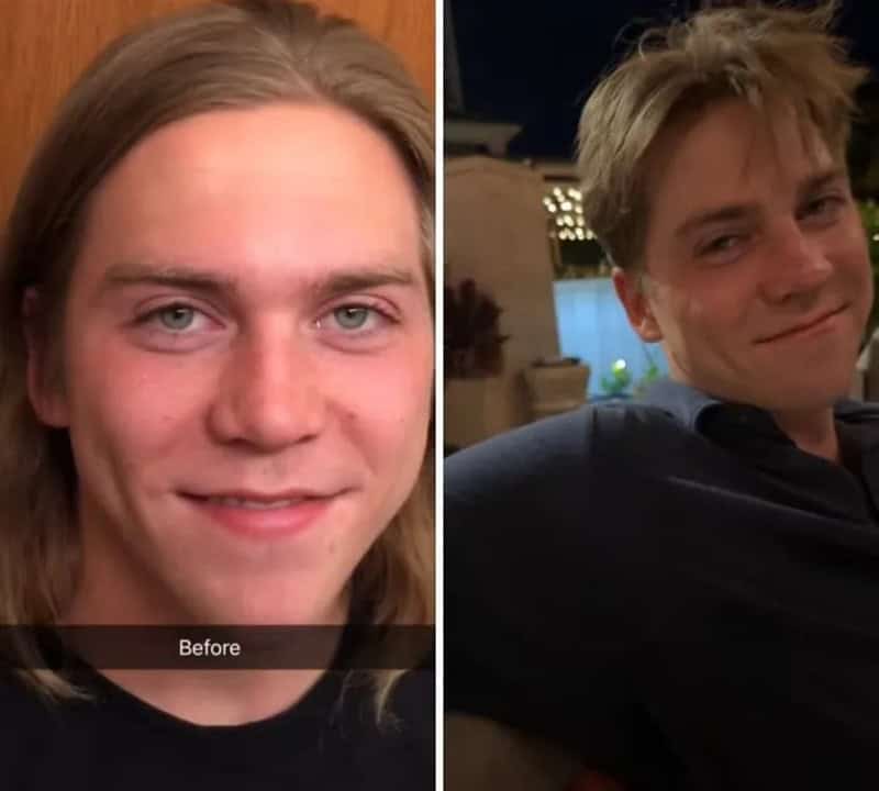 Before and after photos showing a husband swapping long hair for a sleek modern haircut.