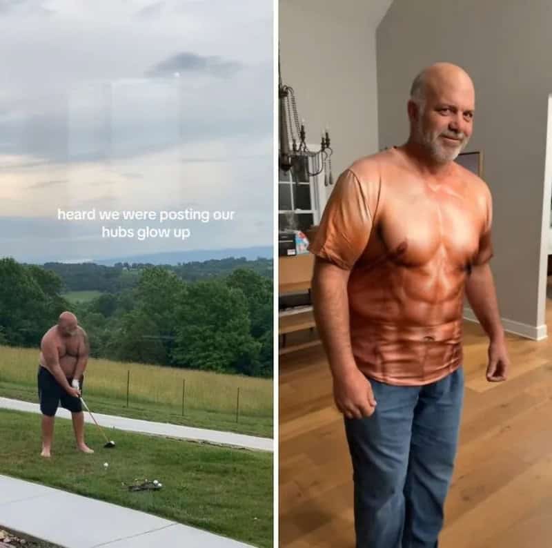 Humorous before and after photo of a husband wearing a printed six-pack muscle t-shirt.