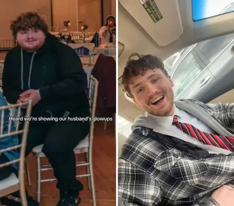 Side-by-side comparison of a husband undergoing a dramatic weight loss and style transformation.