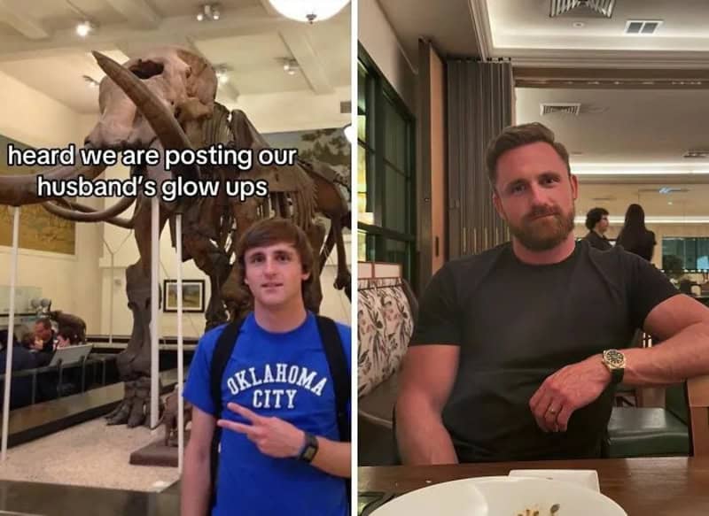 Before and after photos of a husband transforming from a thin youth into a muscular adult.