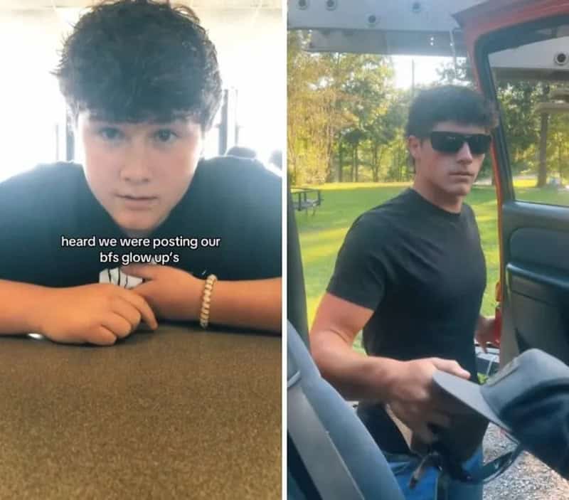 Side-by-side photo of a husband glowing up from a young teenager into a fit adult.