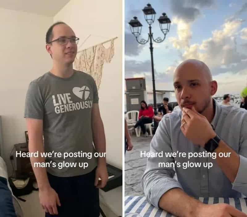 Before and after photos of a husband glowing up by embracing baldness and growing a beard.