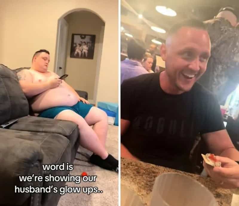 Before and after comparison showing a husband’s dramatic weight loss and fitness journey transformation.