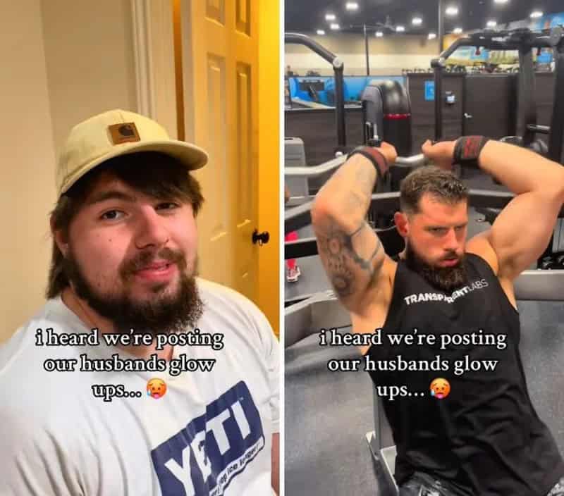 Before and after photo of a husband glowing up into a muscular, tattooed bodybuilder at gym.