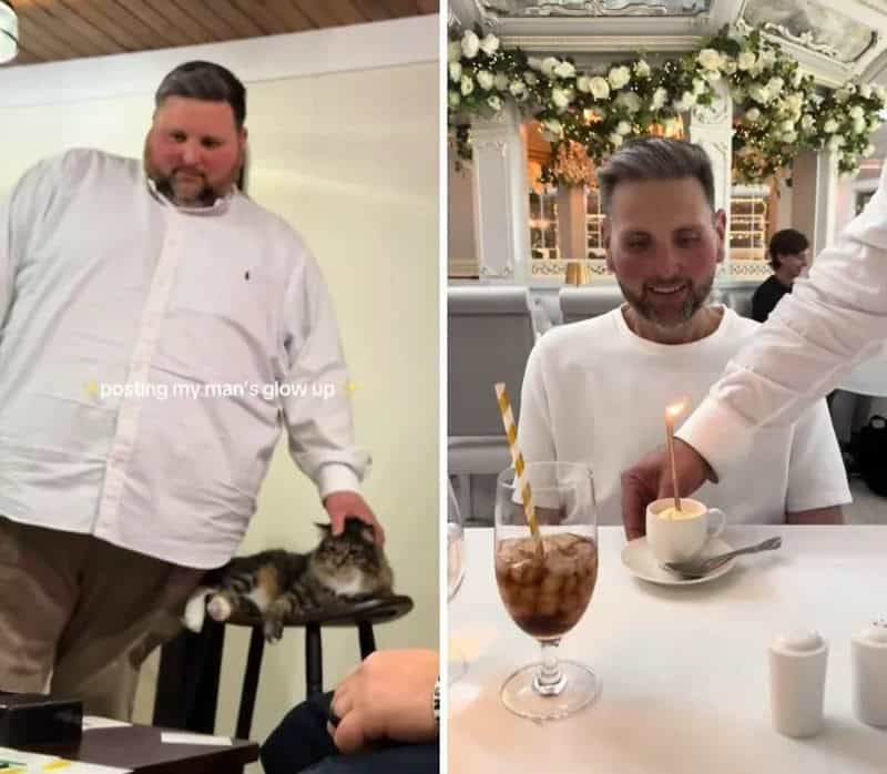 Before and after photos showing a husband shedding weight to become a stylish silver fox.