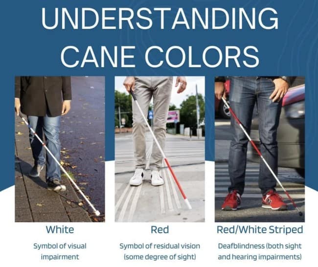 Guide to cane colors showing white, red and red and white striped canes.