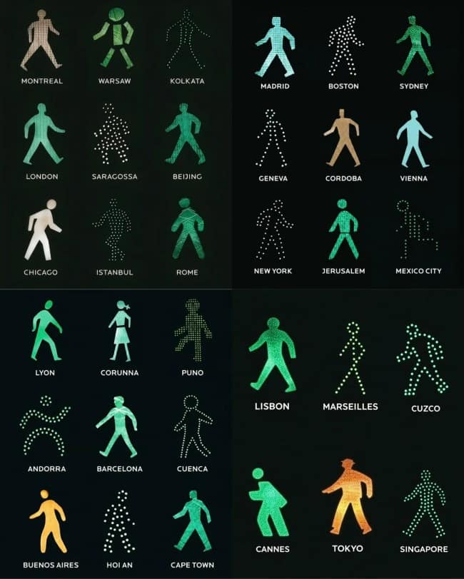 Grid of pedestrian crossing signal figures from cities around the world.