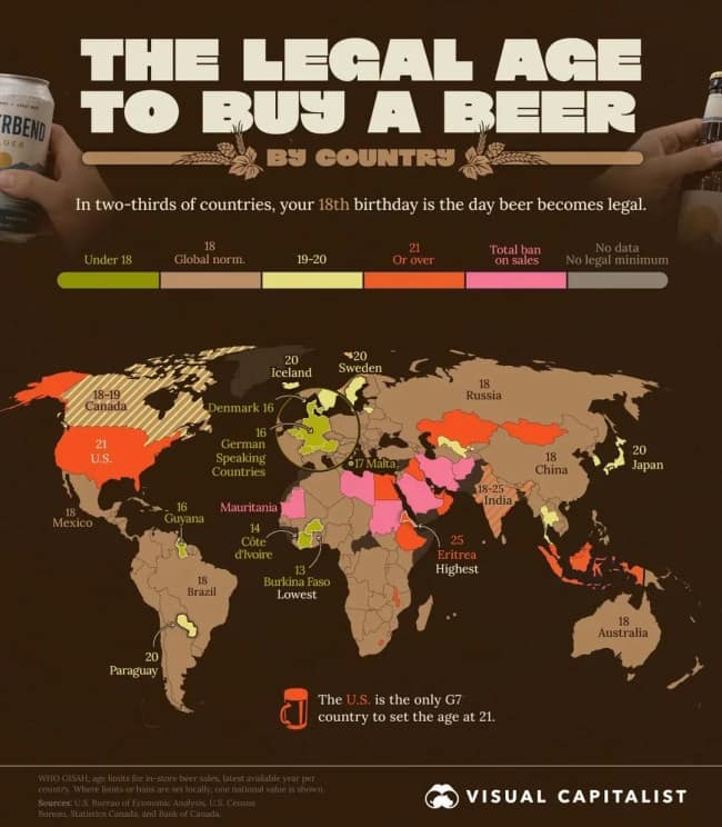 World map of the legal age to buy a beer in each country.