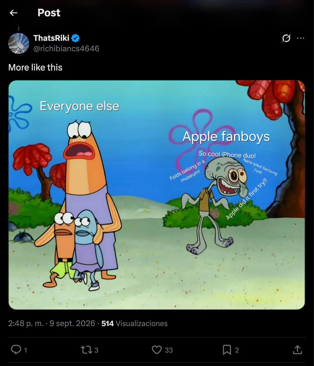 SpongeBob SquarePants meme template with Squidward dancing maniacally labeled 'Apple fanboys' boasting 'Apple did it first try!!' while ordinary bystanders shield their children, framed as an iphone duo meme.
