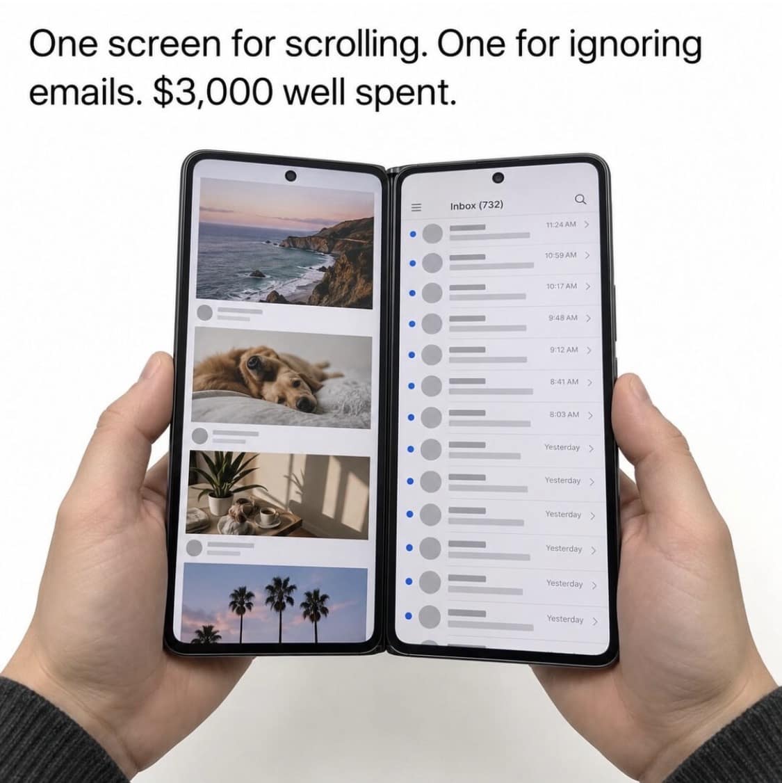 Dual-screen view showing photo feeds on the left and over 700 unread emails on the right in an iphone duo meme.