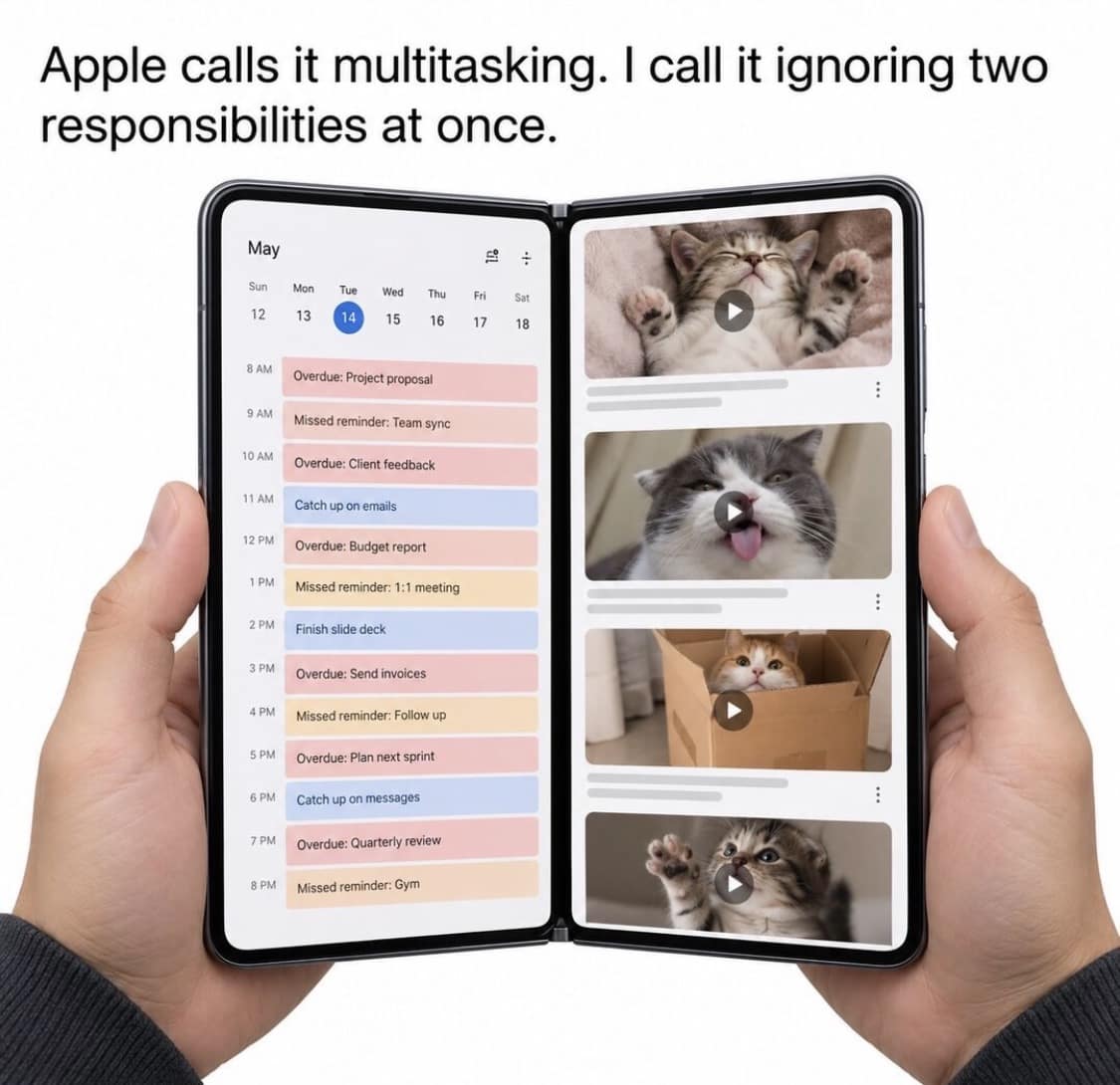 Split-screen setup featuring a calendar packed with overdue work tasks alongside cute cat videos in an iphone duo meme.