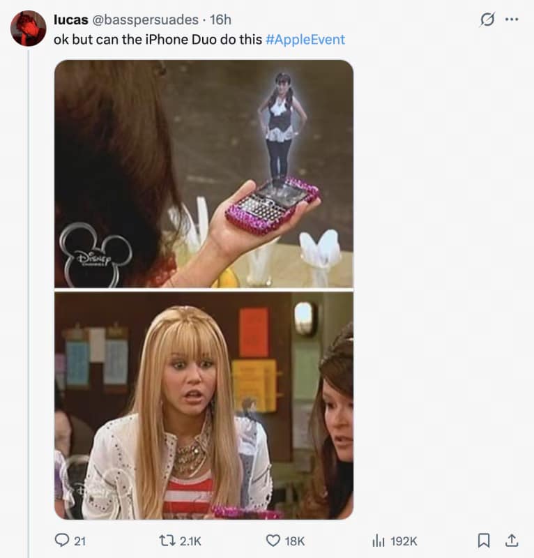 Hannah Montana Disney Channel screenshot of a holographic caller projected from a bedazzled flip phone, questioning if the iPhone Duo offers actual holographic tech in an iphone duo meme.