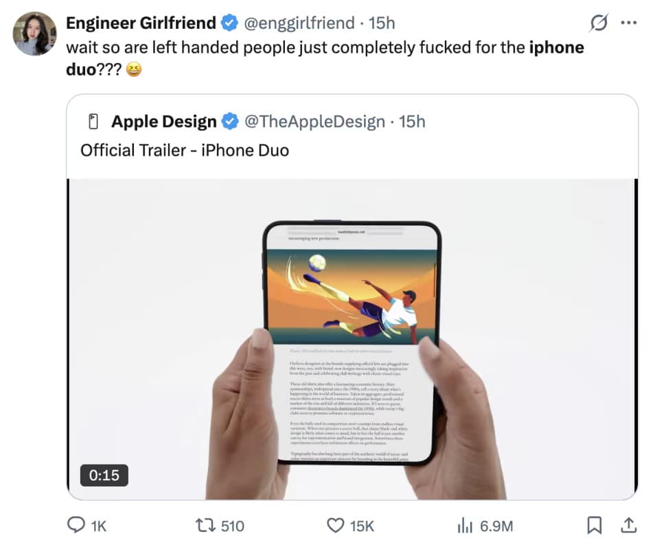 Apple Design video screenshot showing a right-handed user holding the iPhone Duo, with a tweet questioning ergonomics for left-handed people in an iphone duo meme.