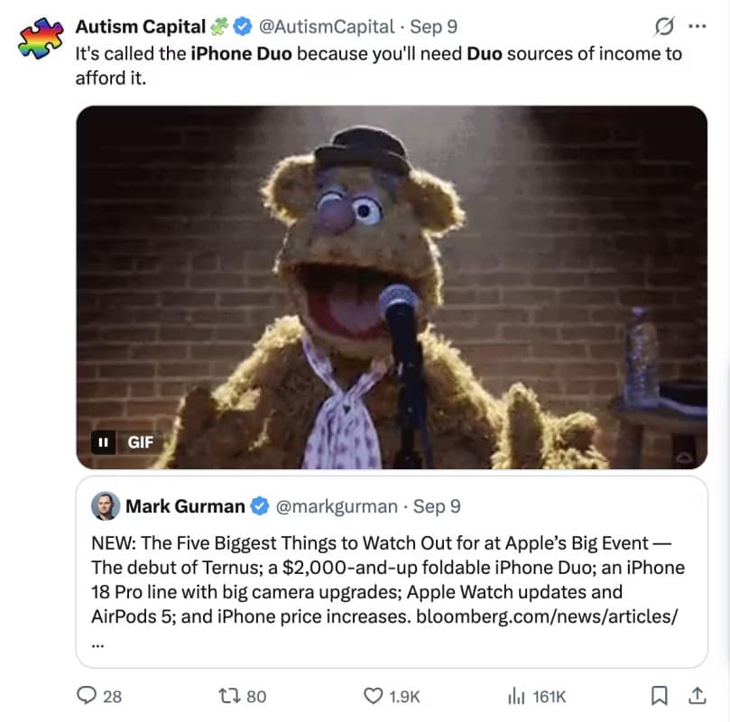 Fozzie Bear meme paired with Mark Gurman's $2,000 iPhone Duo announcement, joking you need two sources of income to afford it in an iphone duo meme.