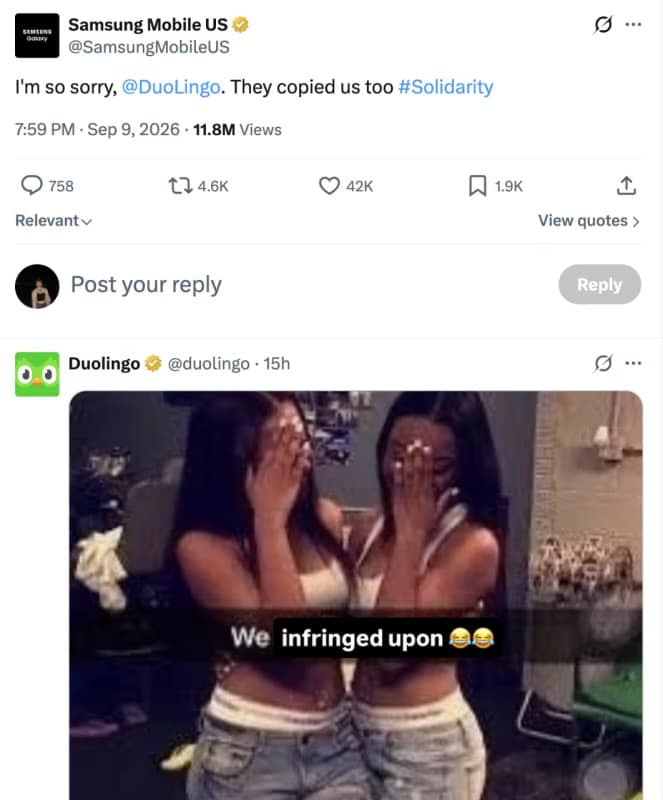 Samsung Mobile US tweet teasing Duolingo about Apple copying them, answered by Duolingo with a two-woman 'we infringed upon' meme in an iphone duo meme.