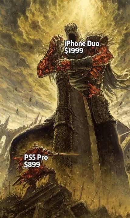 Dark Souls Yhorm the Giant meme template contrasting the towering $1,999 iPhone Duo price against the smaller $899 PS5 Pro in an iphone duo meme.