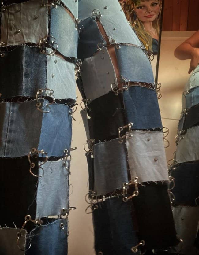 Denim pants constructed from square fabric patches held together with metal rings jeans memes.