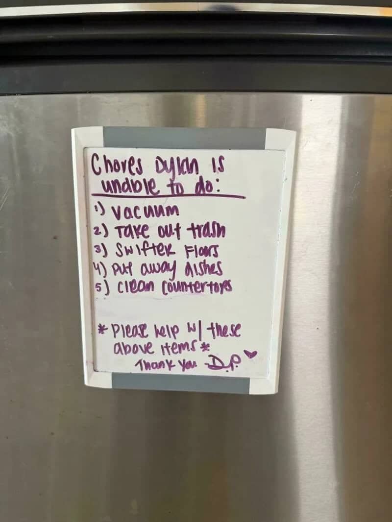 Fridge whiteboard list highlighting main character syndrome where Dylan claims inability to do basic chores.