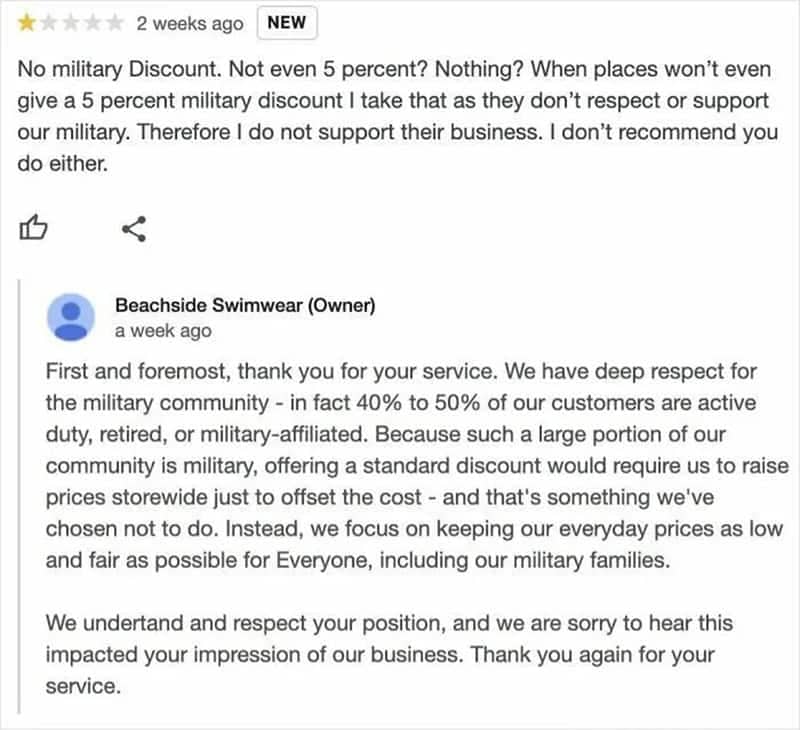 Business review interaction showing main character syndrome from a customer demanding exclusive military discount pricing.