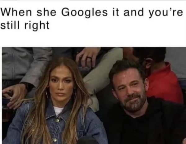 Jennifer Lopez looks unimpressed courtside beside a smiling Ben Affleck in a marriage memes joke.