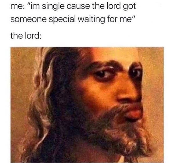 Warped painting of Jesus wears a skeptical look in a joke about waiting for someone.