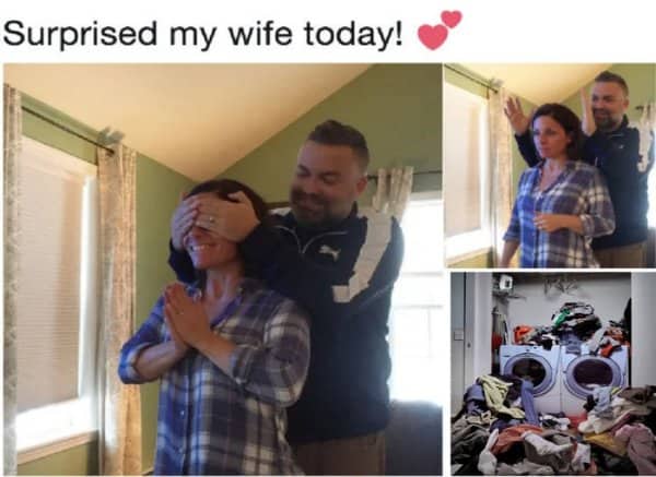 Collage shows a husband covering his wife's eyes before revealing a towering pile of laundry.