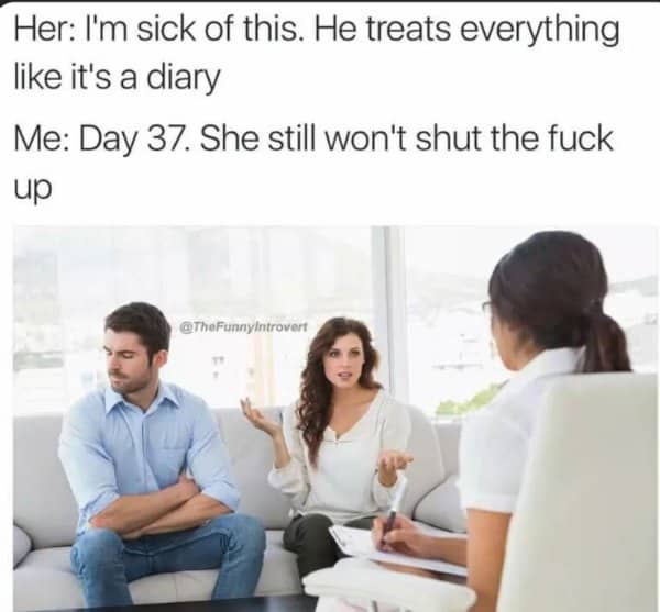Couple sits on a therapist's couch as the husband narrates the session like a diary.
