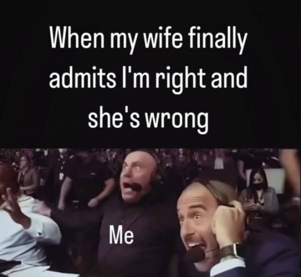 Sports commentators leap up shouting in a marriage memes joke about finally being declared right.