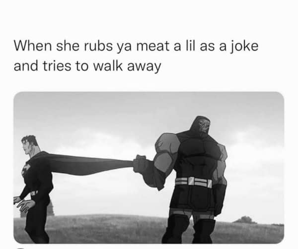 Cartoon villain grips a fleeing hero's cape in a marriage memes joke about teasing.