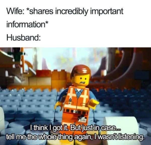 Lego construction worker looks panicked while admitting he was not listening to important information.