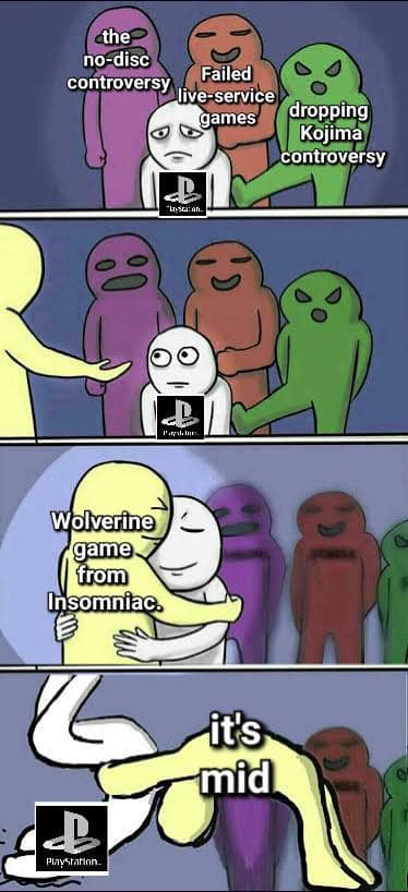 Four-panel webcomic showing Insomniac's Wolverine comforting a troubled PlayStation character before body-slamming it with mid reviews in a Marvel Wolverine meme.