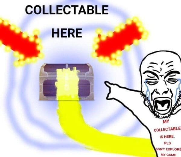 Crying Wojak pointing at a treasure chest covered in yellow paint with glowing arrows mocking excessive video game hand-holding in a Marvel Wolverine meme.