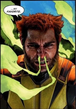 Comic book panel close-up of Wolverine inhaling glowing green scent trails with his heightened mutant senses in a Marvel Wolverine meme.
