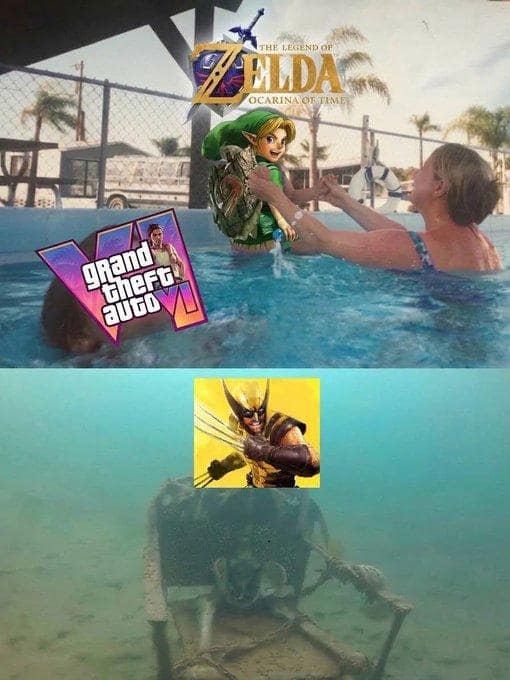 Drowning pool meme illustrating Marvel's Wolverine as a sunken skeleton forgotten at the bottom of the ocean while fans hype other games in a Marvel Wolverine meme.