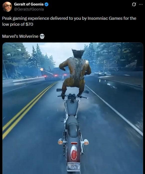 Gameplay screenshot of Wolverine performing a glitchy acrobatic stunt while standing on the handlebars of a moving motorcycle in a Marvel Wolverine meme.