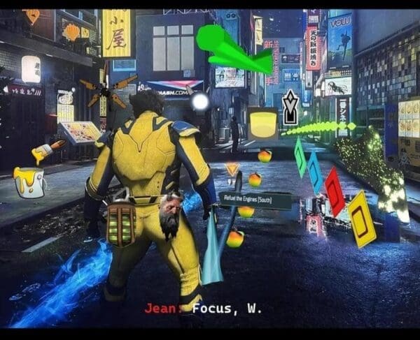 Mockup screenshot of Wolverine standing in a city street overwhelmed by dozens of conflicting HUD icons, quest markers, and paint buckets in a Marvel Wolverine meme.