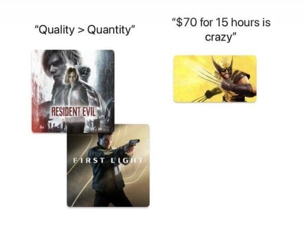 Video game graphic contrasting double standards between short story campaigns and $70 price tags in a Marvel Wolverine meme.