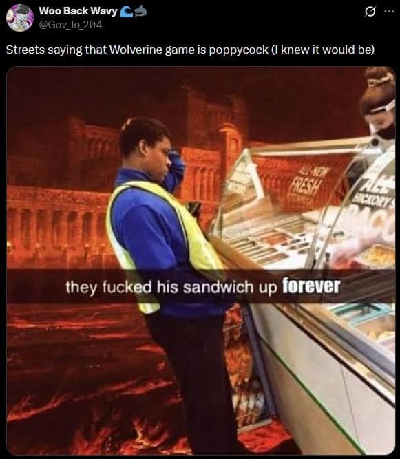 Melodramatic meme of a fast food worker looking devastated against a fiery background paired with a tweet criticizing game quality in a Marvel Wolverine meme.